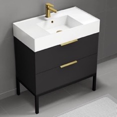 Modern Bathroom Vanity, 32 inch, Matte Black, Free Standing, Gold Handles